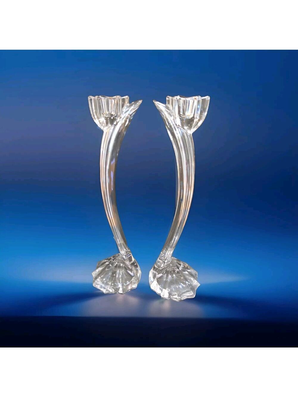 2 Vintage Flower Song Art Noveau Crystal Tulip Flower Candlestick Holders 10”